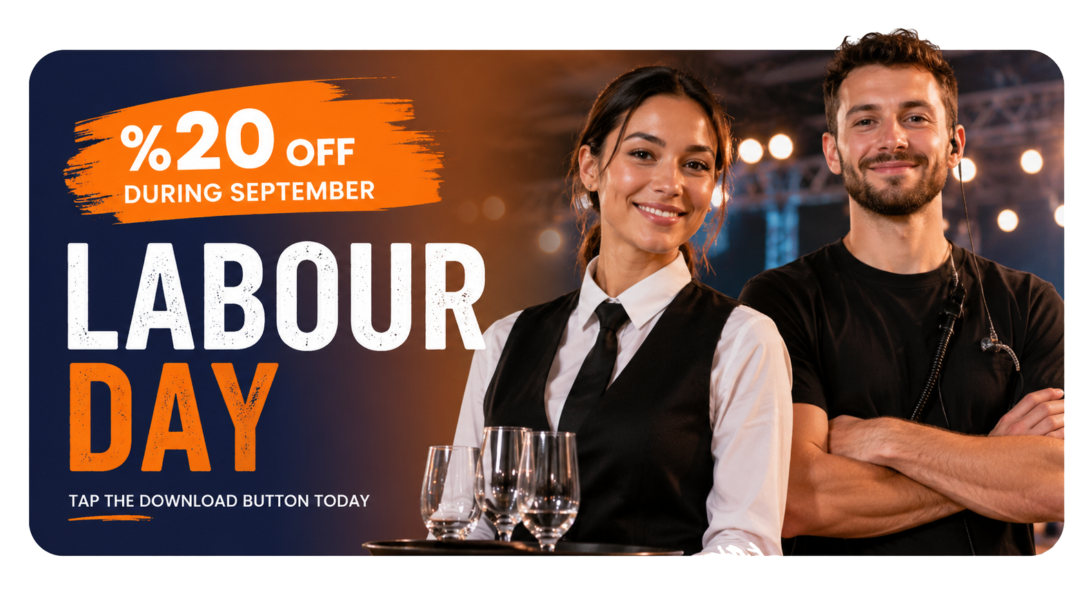 Labour Day event staffing promotion — 20% off during September